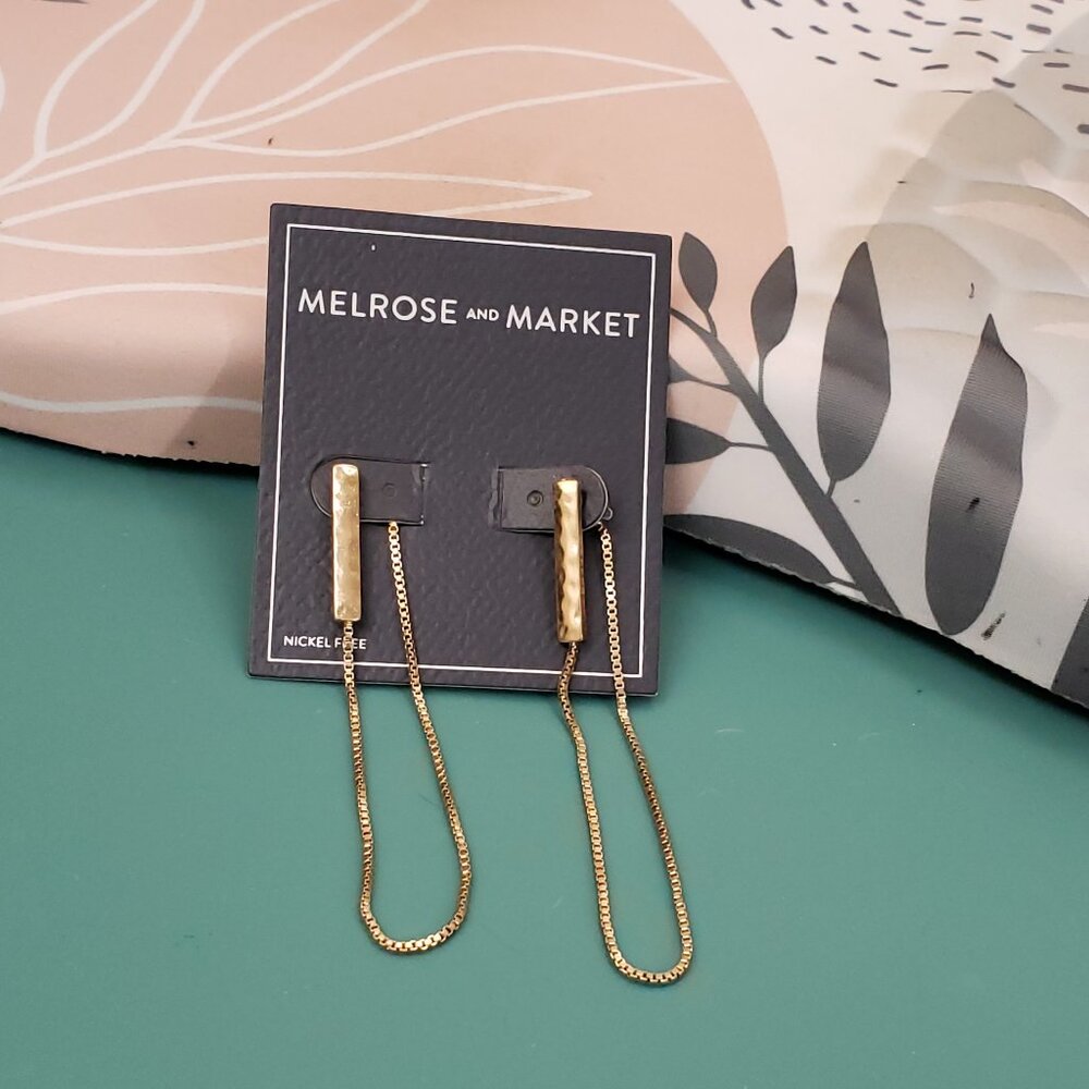 Melrose and Market, NWT, Nickel free, gold tone bar chain dangle earrings